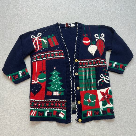 Nutcracker Ugly Christmas Sweater Cardigan WMNS S Blue Red Green Trees Presents - Picture 1 of 4